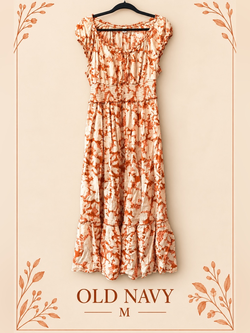 Old Navy Cream and Rust Floral Smocked Midi Dress